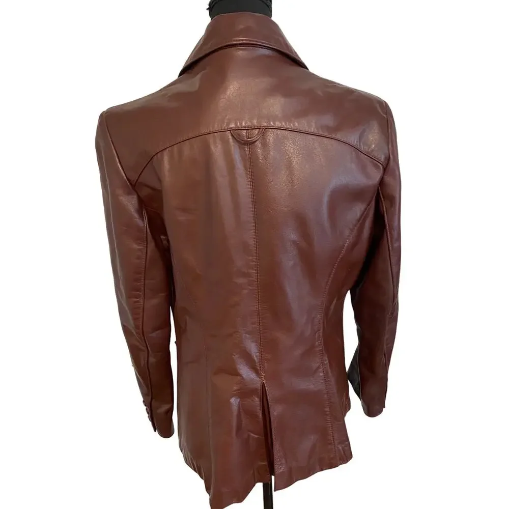 Vintage Etienne‎ Aigner Women’s Oxblood Red Leather Blazer Jacket 1970s Burgundy